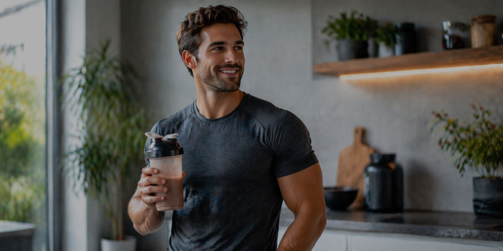 Man holding a protein shake in a kitchen