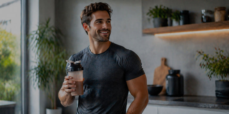 Man holding a protein shake in a kitchen